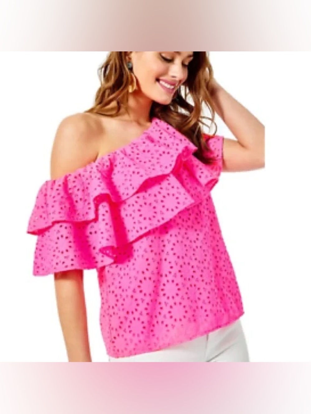 Lilly Pulitzer Women’s Trixie One-Shoulder Ruffle Top Eyelet Shirt Size S Pink